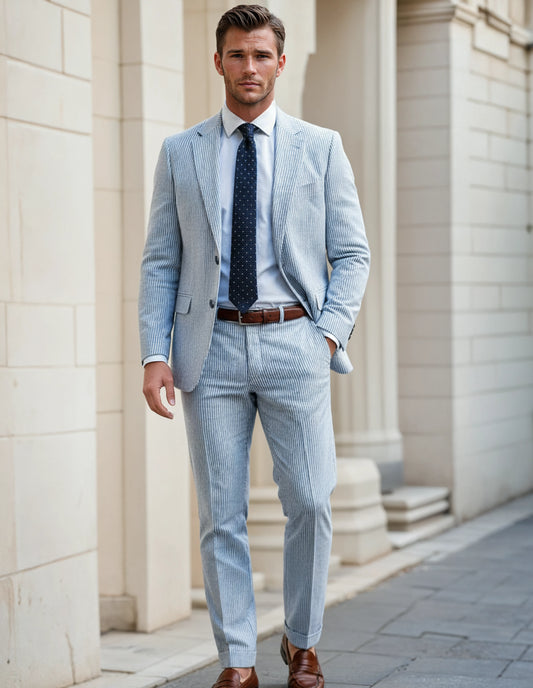 Slim Fit Two-Button Seersucker Roman Silver Suit Set