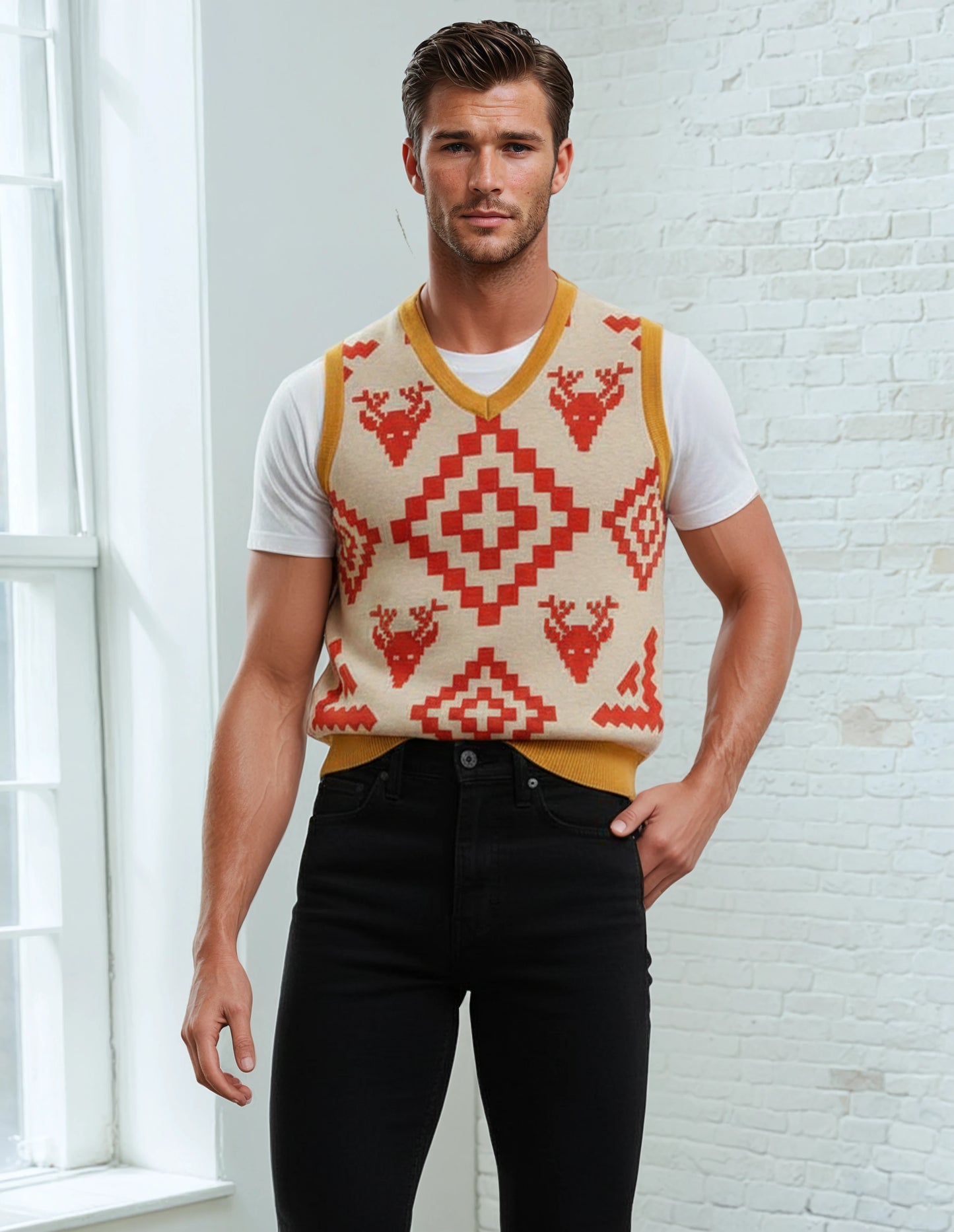Classic Vintage V-neck Orange Men Knitted vest