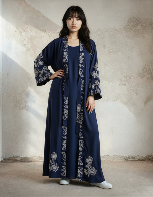 Elegant Floral Embroidered Abaya With Belt