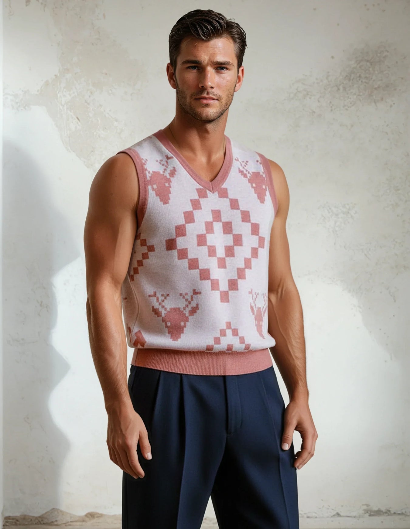 Classic Vintage V-neck Baby Pink Men Knitted vest