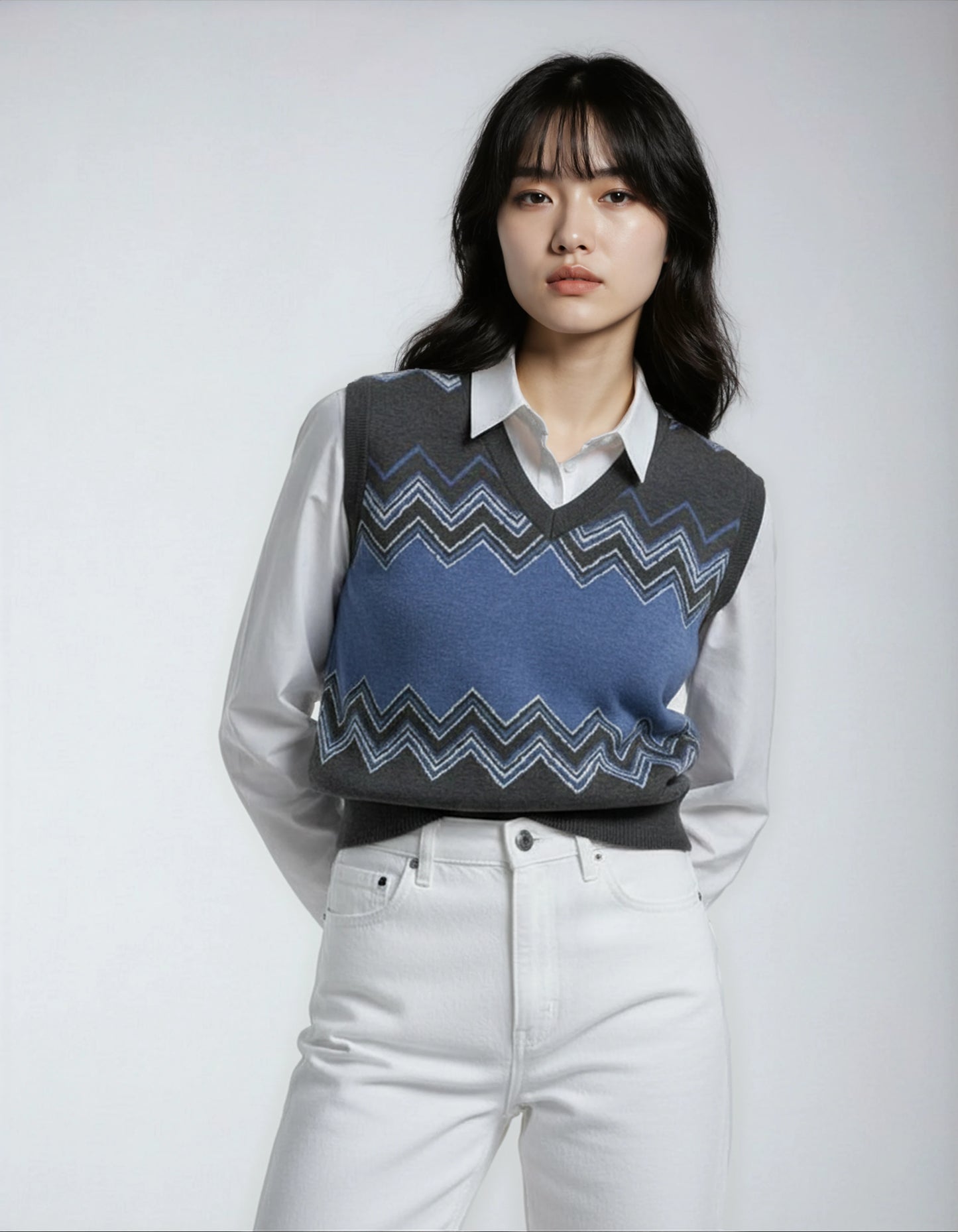 Classic Vintage V-neck Navy Gray Women Knitted vest