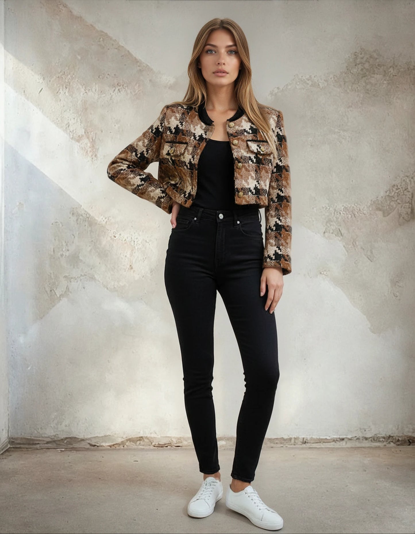 Velvet Collar Gold Buttons Chic Camel Cropped Blazer