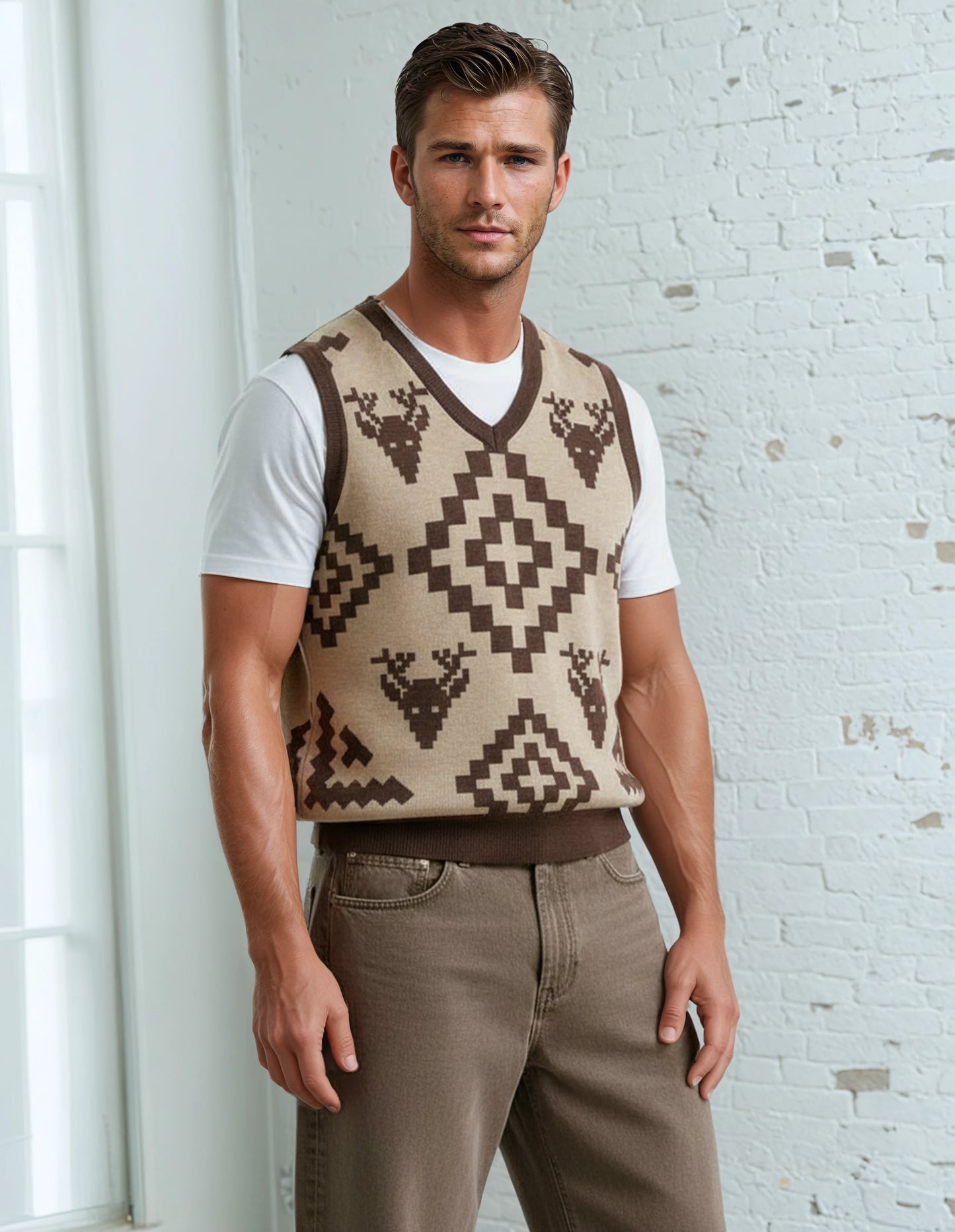 Classic Vintage V-neck Brown Men Knitted vest