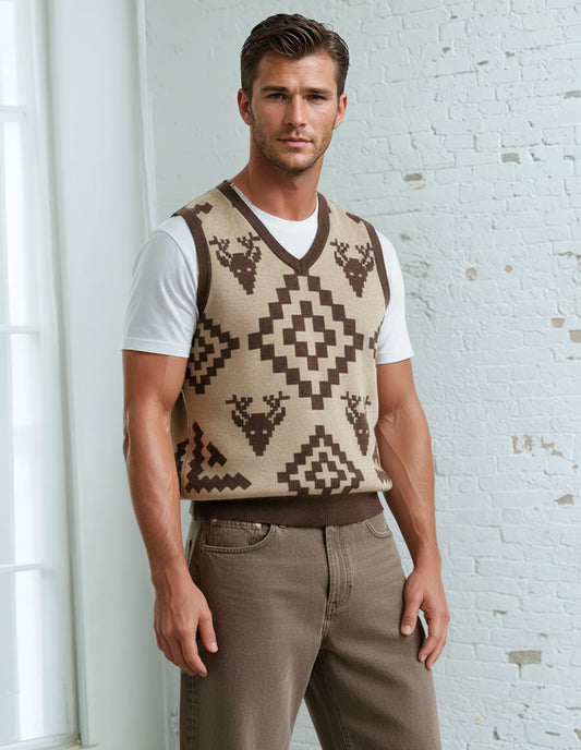 Classic Vintage V-neck Brown Men Knitted vest