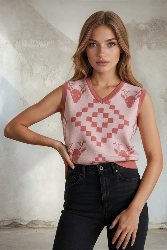 Classic Vintage V-neck Baby Pink Women Knitted vest