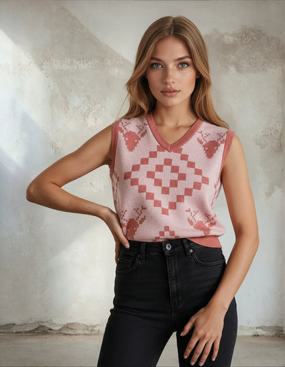 Classic Vintage V-neck Baby Pink Women Knitted vest