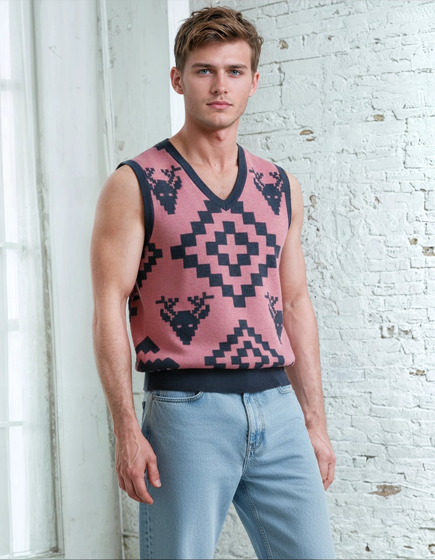 Classic Vintage V-neck Pink Men Knitted vest