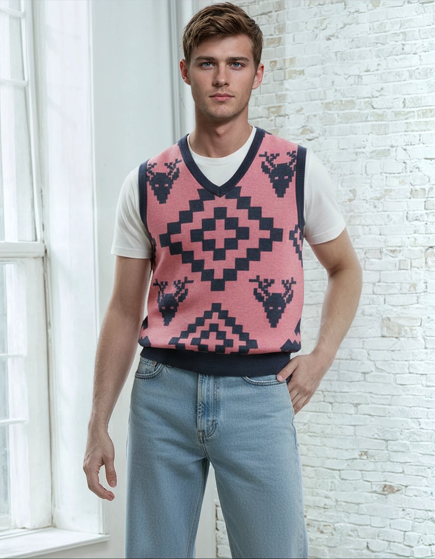 Classic Vintage V-neck Pink Men Knitted vest