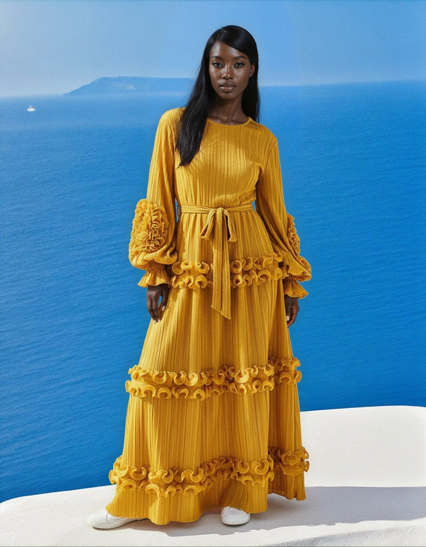 Elegant Flower Lantern Sleeve Lace Pleated Dresses