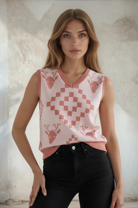 Classic Vintage V-neck Baby Pink Women Knitted vest