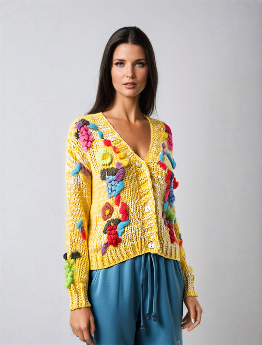 Vintage Handmade Knit Hook Flower Cardigan Coat
