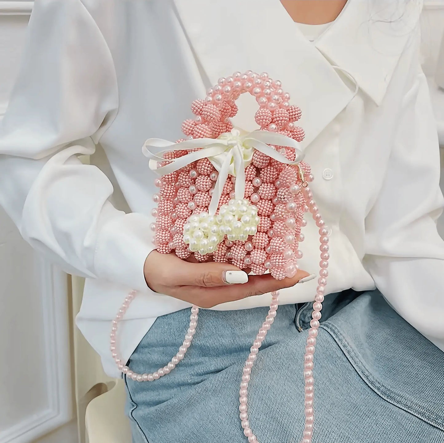 Bow Pearl Bead Handwoven Crossbody - IVORYNN