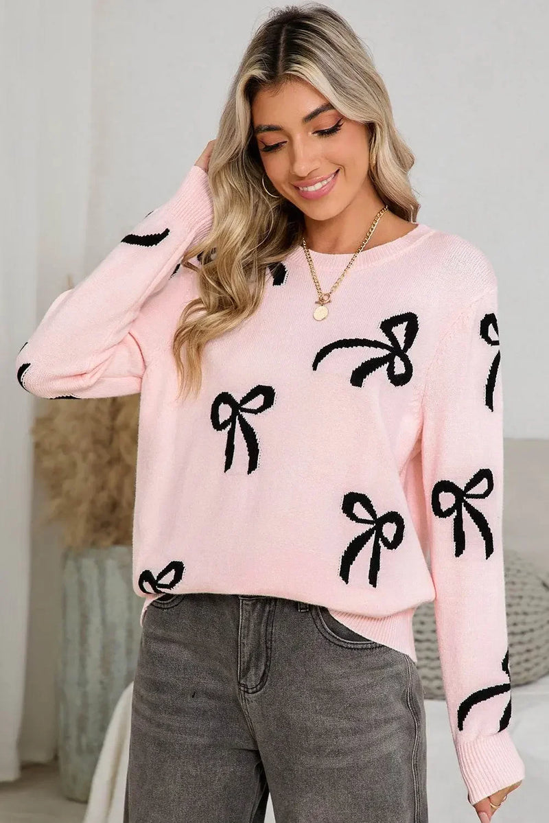 Bow Print Long Sleeve Loose Fit Sweater - IVORYNN