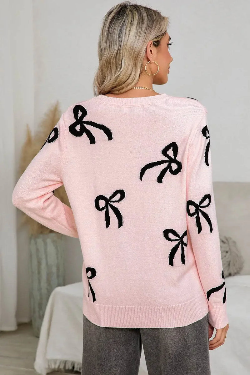 Bow Print Long Sleeve Loose Fit Sweater - IVORYNN