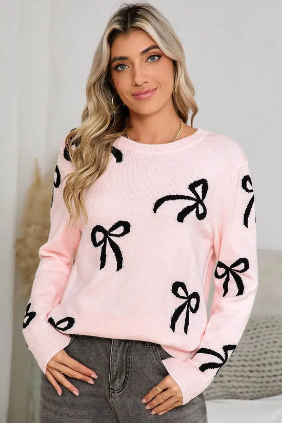 Bow Print Long Sleeve Loose Fit Sweater - IVORYNN