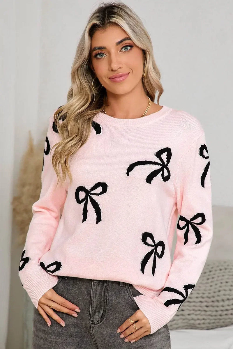 Bow Print Long Sleeve Loose Fit Sweater - IVORYNN
