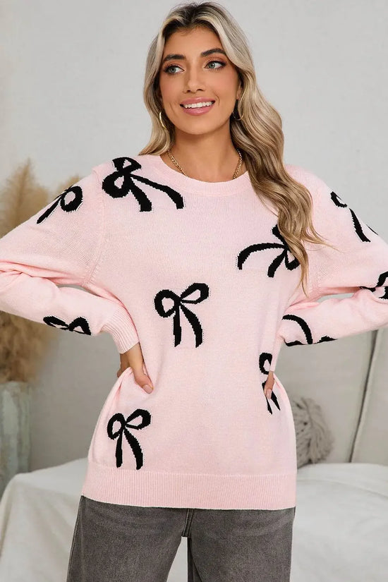 Bow Print Long Sleeve Loose Fit Sweater - IVORYNN