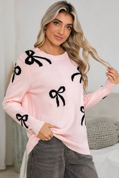 Bow Print Long Sleeve Loose Fit Sweater - IVORYNN
