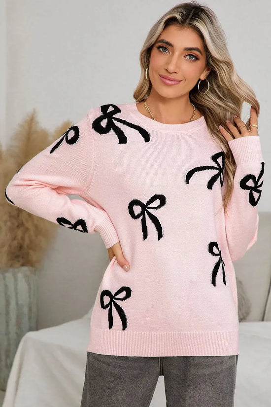 Bow Print Long Sleeve Loose Fit Sweater - IVORYNN