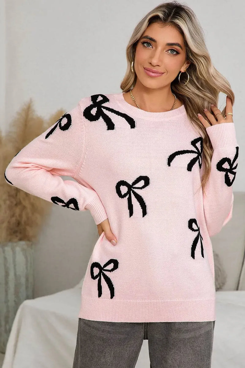 Bow Print Long Sleeve Loose Fit Sweater - IVORYNN