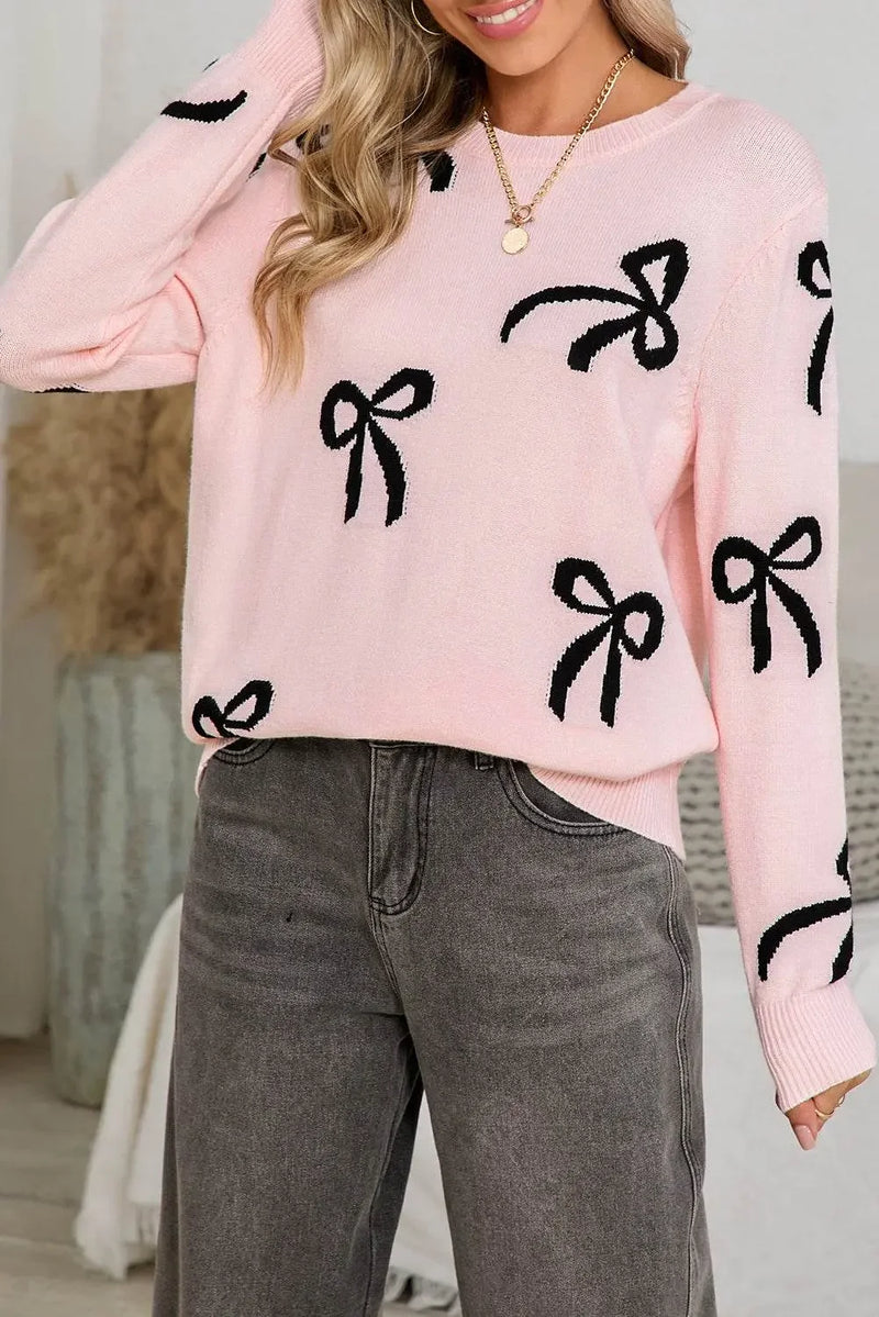 Bow Print Long Sleeve Loose Fit Sweater - IVORYNN