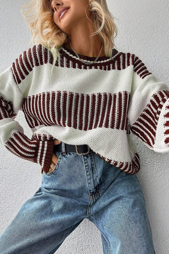 Brown Striped Patchwork Drop Shoulder Sweater - IVORYNN