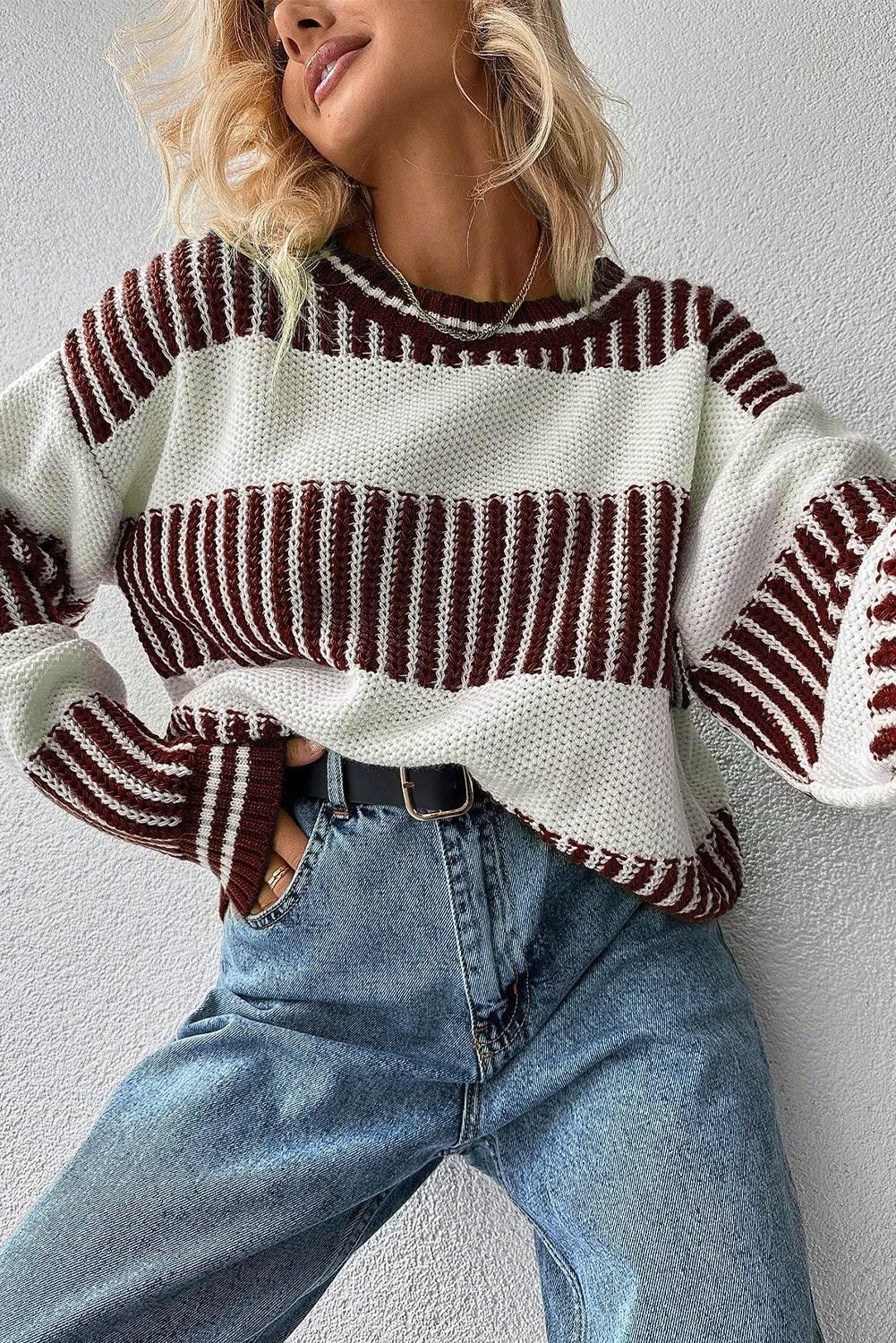 Brown Striped Patchwork Drop Shoulder Sweater - IVORYNN