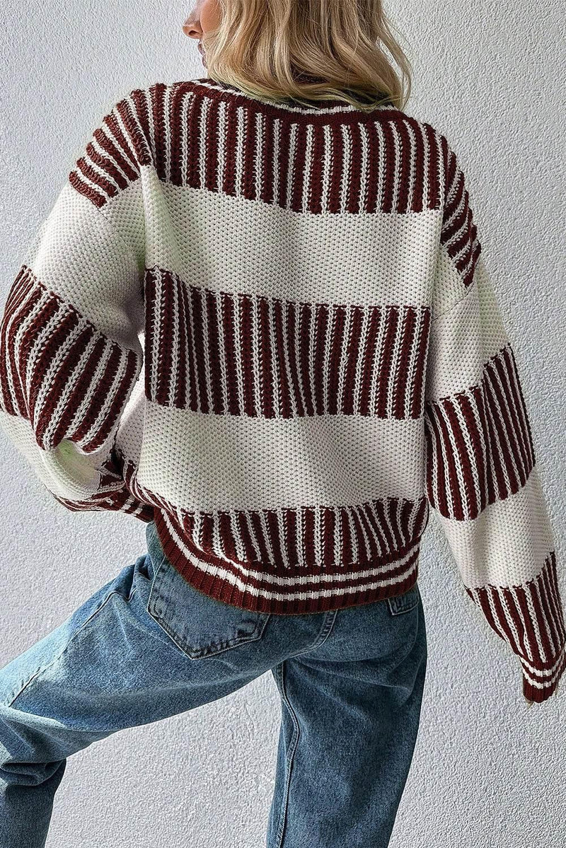 Brown Striped Patchwork Drop Shoulder Sweater - IVORYNN