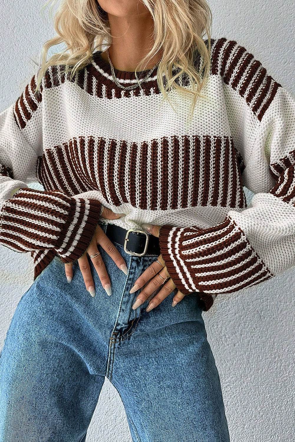 Brown Striped Patchwork Drop Shoulder Sweater - IVORYNN