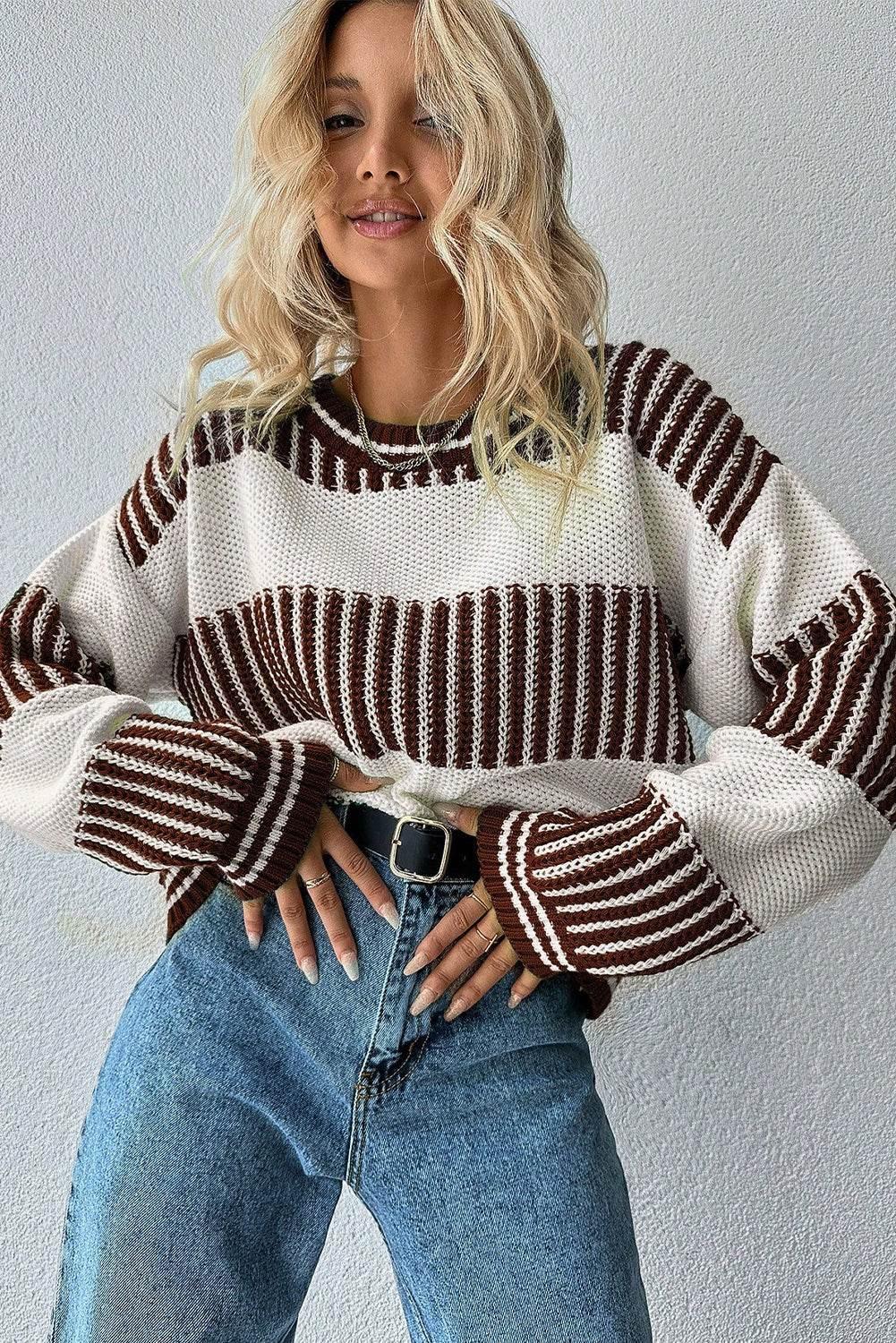 Brown Striped Patchwork Drop Shoulder Sweater - IVORYNN