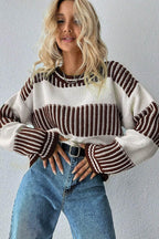 Brown Striped Patchwork Drop Shoulder Sweater - IVORYNN