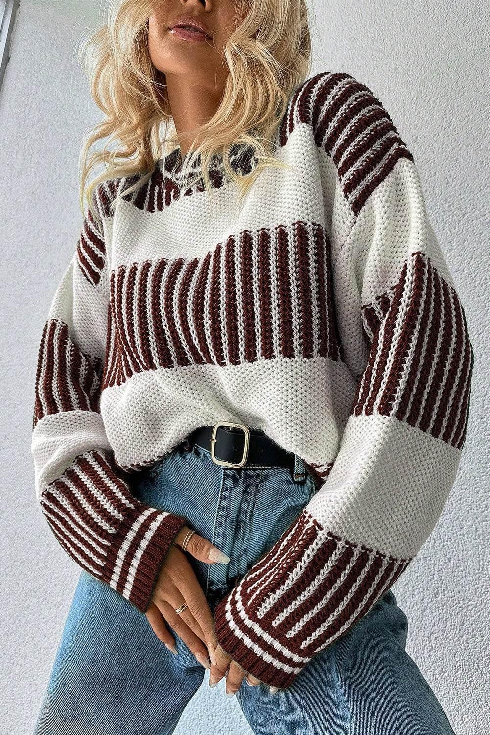 Brown Striped Patchwork Drop Shoulder Sweater - IVORYNN
