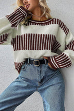 Brown Striped Patchwork Drop Shoulder Sweater - IVORYNN
