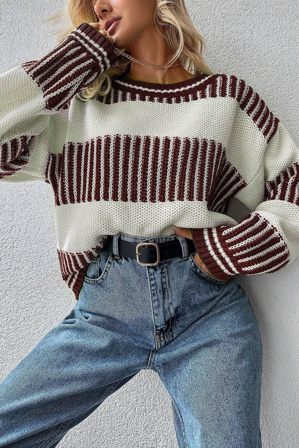Brown Striped Patchwork Drop Shoulder Sweater - IVORYNN