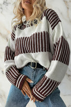 Brown Striped Patchwork Drop Shoulder Sweater - IVORYNN