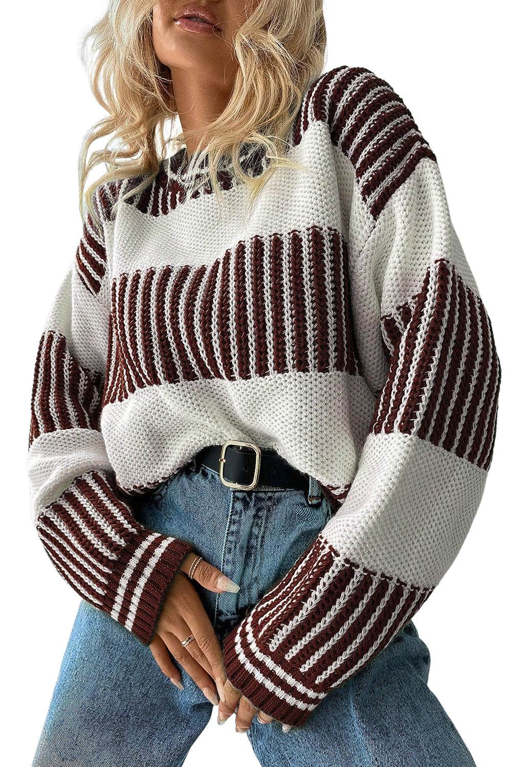Brown Striped Patchwork Drop Shoulder Sweater - IVORYNN