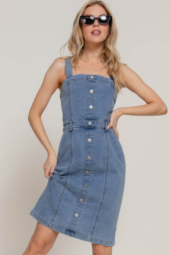Button Down Placket Stretch Denim Dress - IVORYNN