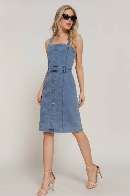 Button Down Placket Stretch Denim Dress - IVORYNN