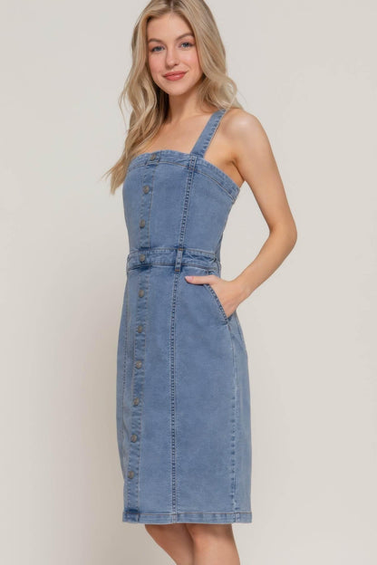 Button Down Placket Stretch Denim Dress - IVORYNN