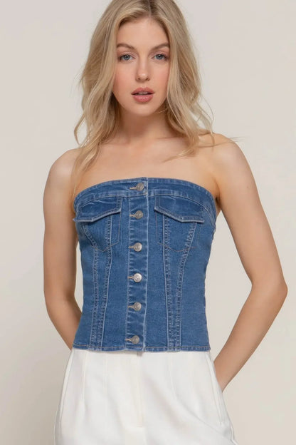 Button Down Placket Stretch Denim Tube Top - IVORYNN