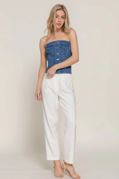 Button Down Placket Stretch Denim Tube Top - IVORYNN