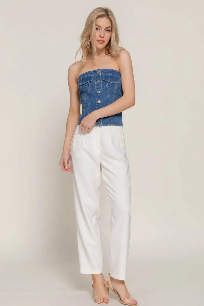 Button Down Placket Stretch Denim Tube Top - IVORYNN