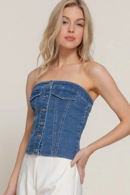 Button Down Placket Stretch Denim Tube Top - IVORYNN