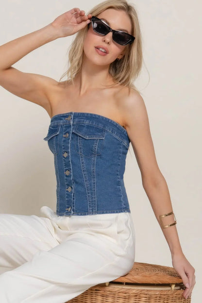 Button Down Placket Stretch Denim Tube Top - IVORYNN
