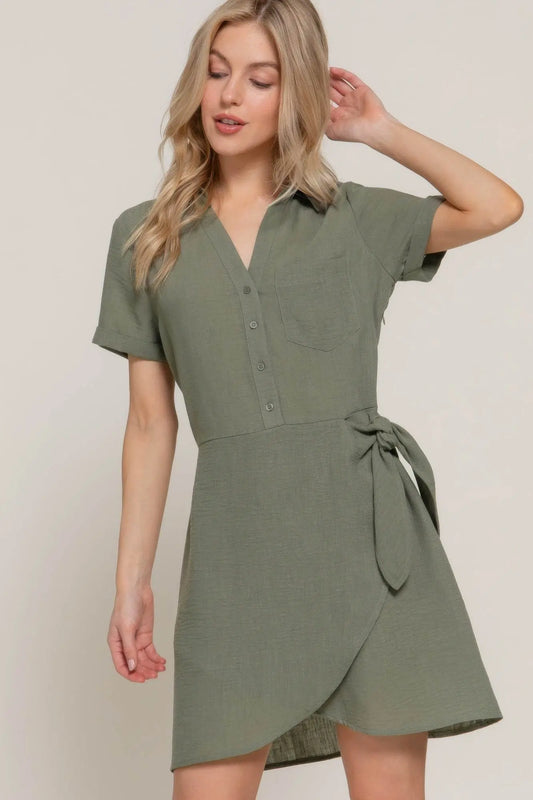 Button Down Side Bow Linen Effect Army Mini Dress