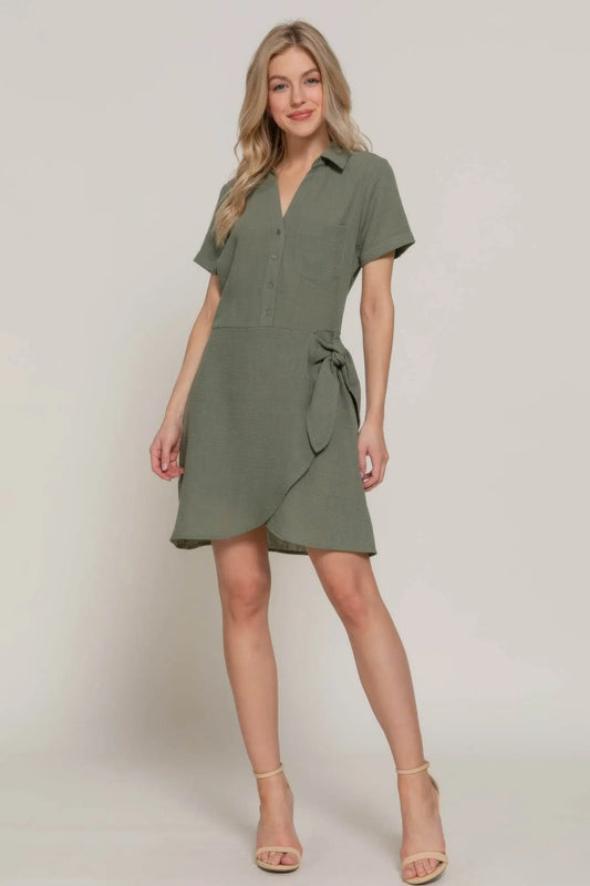 Button Down Side Bow Linen Effect Army Mini Dress