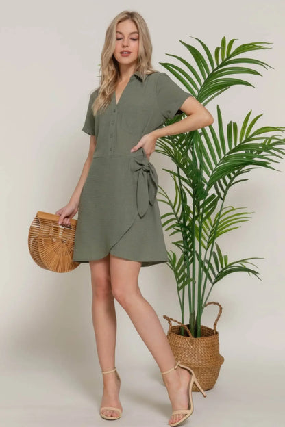 Button Down Side Bow Linen Effect Army Mini Dress - IVORYNN