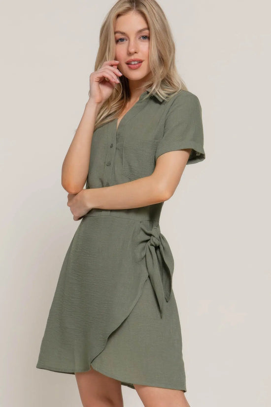 Button Down Side Bow Linen Effect Army Mini Dress - IVORYNN