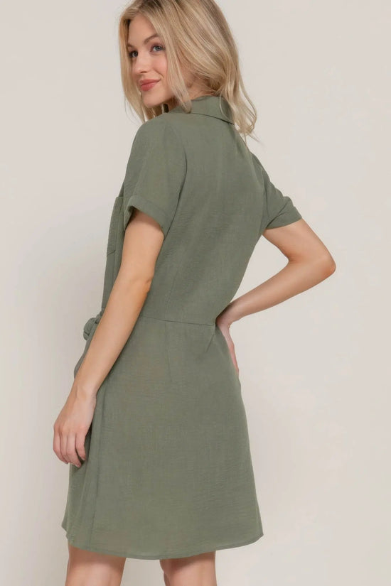 Button Down Side Bow Linen Effect Army Mini Dress - IVORYNN
