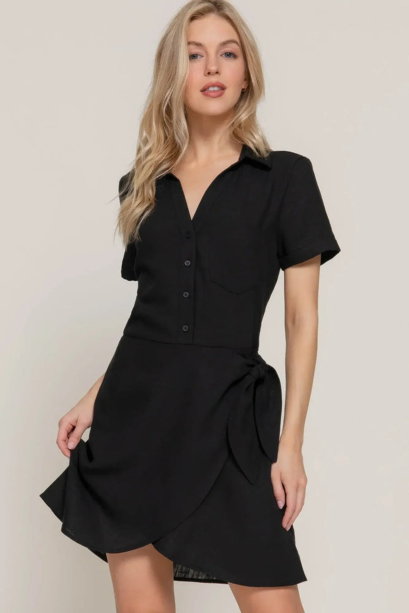 Button Down Side Bow Linen Effect Black Mini Dress - IVORYNN